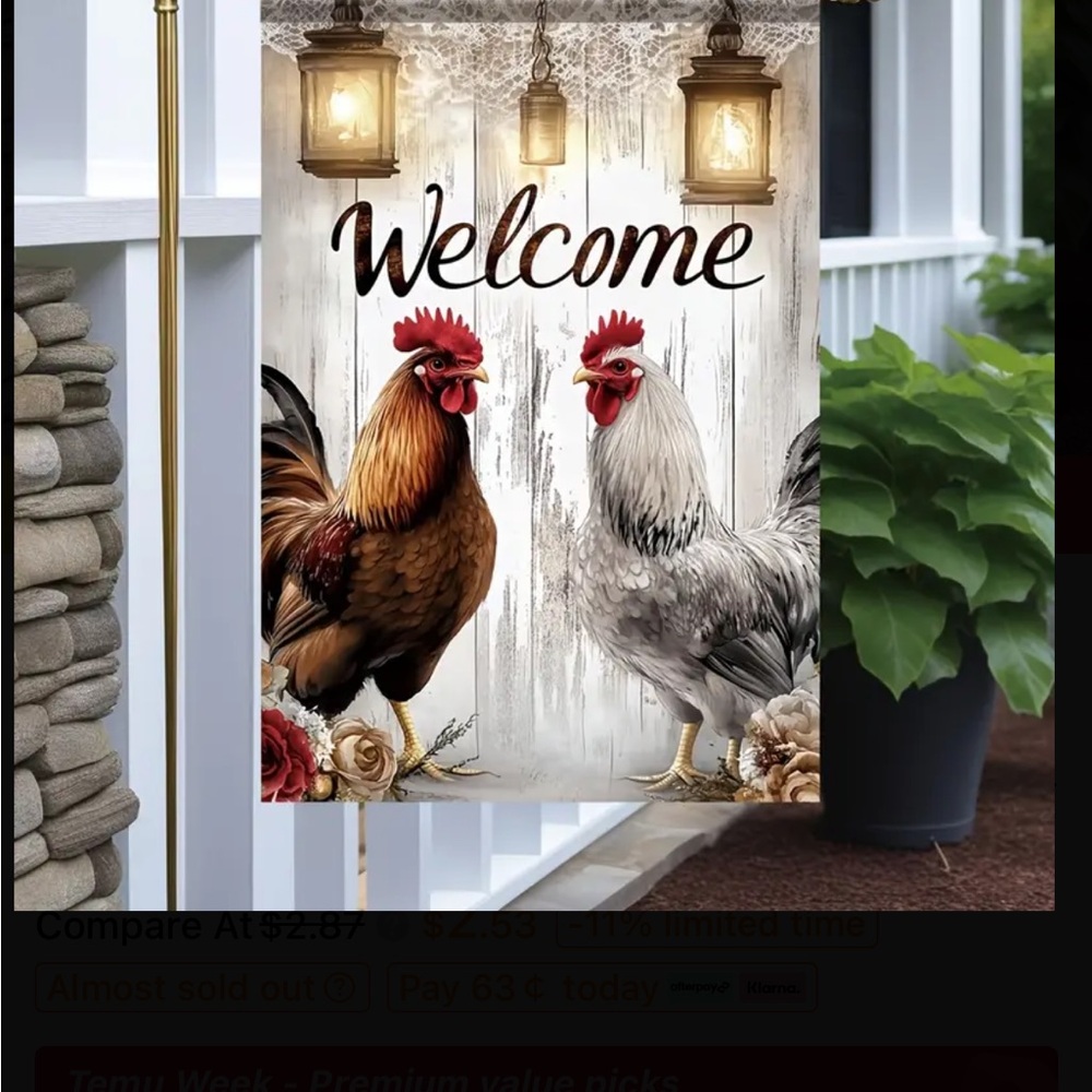 Primitive Welcome Rooster Garden Flag 12 x 18